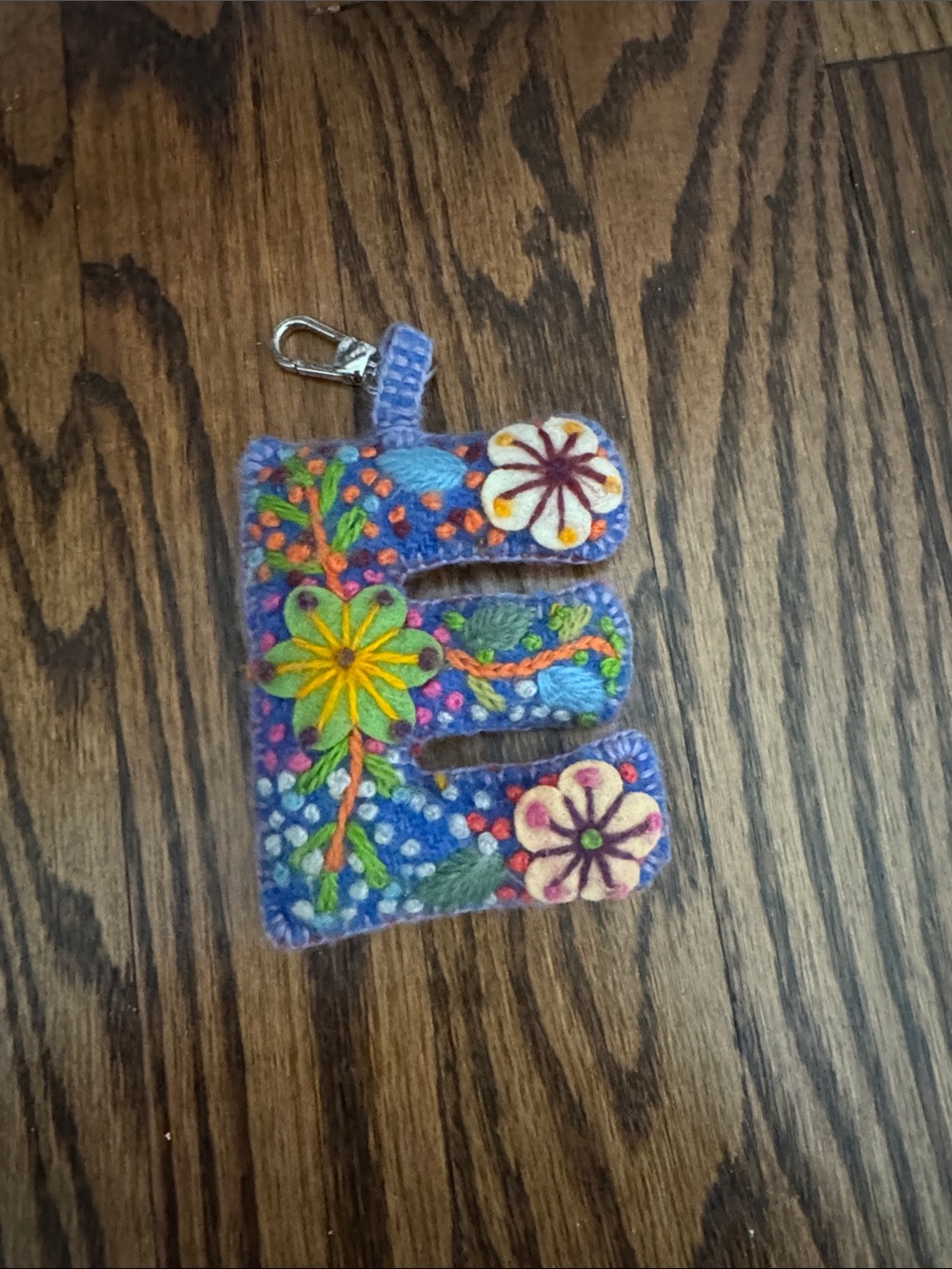 Embroidered Felt Letter E Keychain - Colorful Floral Design